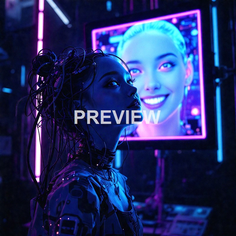 A woman with cybernetic enhancements and dark makeup stands in front of a digital billboard displaying a smiling woman's face in a neon-lit urban environment.